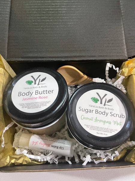 Sugar scrub body butter box lip balm